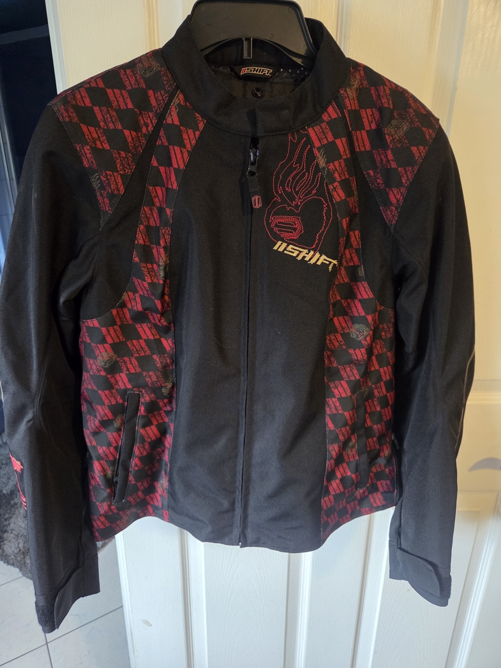 Shift Womens Motorcycle Armored Jacket with Black With Red Patterned Panels